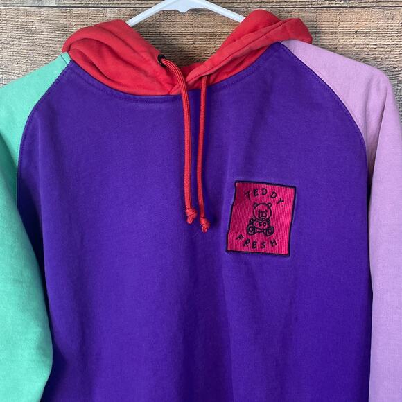 Teddy Fresh Color Block Hoodie Sweatshirt Purple Red Green Size Medium - Picture 2 of 7